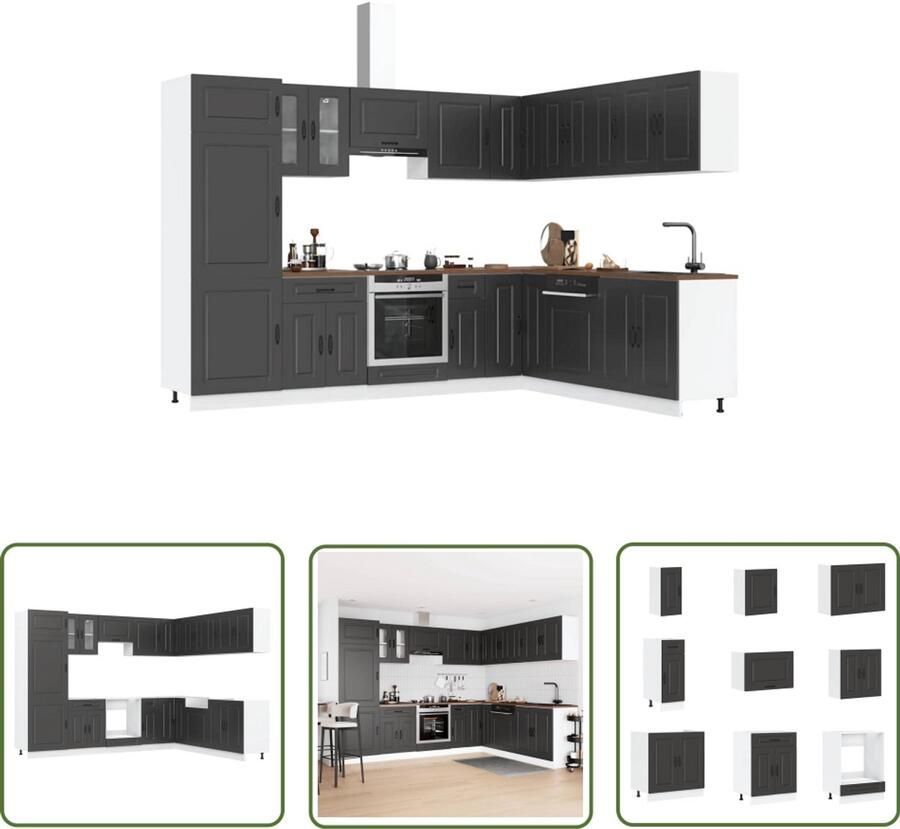 The Living Store 14-delige Keukenkastenset Kalmar bewerkt hout zwart Keukenkasten Houten Keukenkasten Zwarte Keukenkasten Keukenkastenset Kalmar Serie