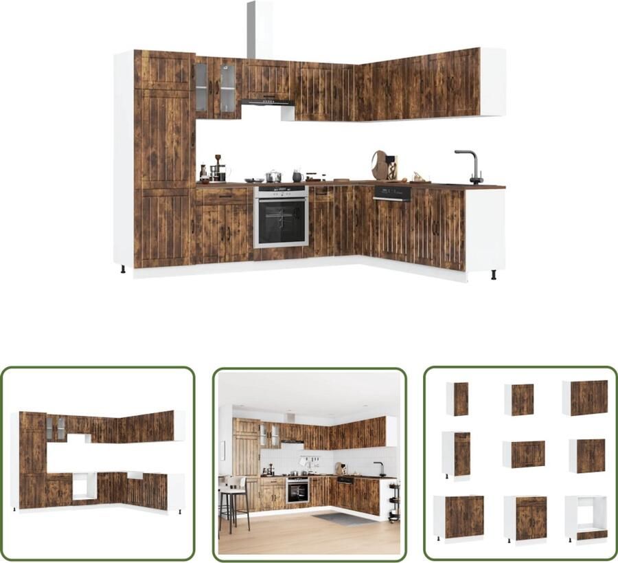 The Living Store 14-delige Keukenkastenset Lucca bewerkt hout gerookt eiken Keukenkasten Houten Keukenkasten Keukenopstelling Keukenrenovatie Landelijke Keuken