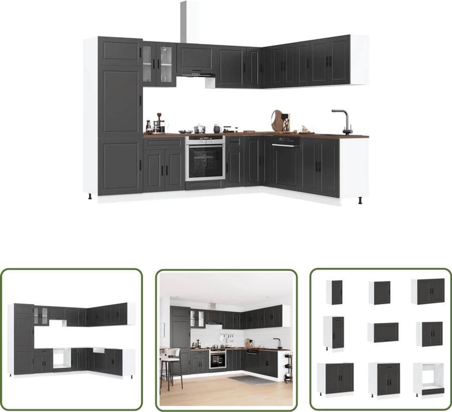 The Living Store 14-delige Keukenkastenset Porto bewerkt hout zwart Keukenkasten Houten Keukenkasten Zwarte Keukenkasten Keukenkast Set Kookeiland Kast
