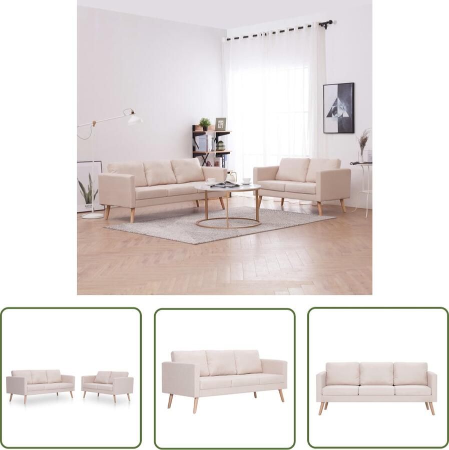The Living Store Bankstel 2-delig crème houten frame en stof 116 x 70 x 73 cm 6 kussens Bankstel Tweezitsbank Driezitsbank Creme Kleurig Lederlook - Foto 2