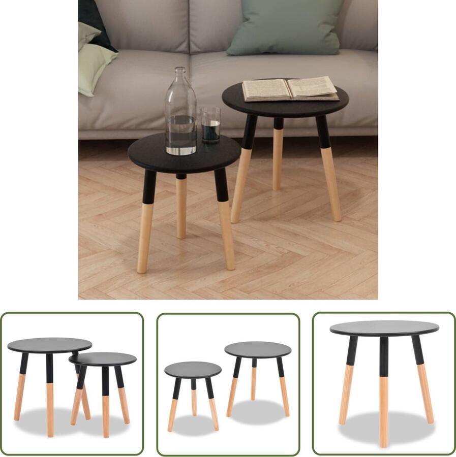 The Living Store 2-delige Bijzettafelset massief grenenhout zwart Bijzettafels Scandinavisch Meubilair Zwarte Tafels Houten Tafels Salontafels - Foto 2