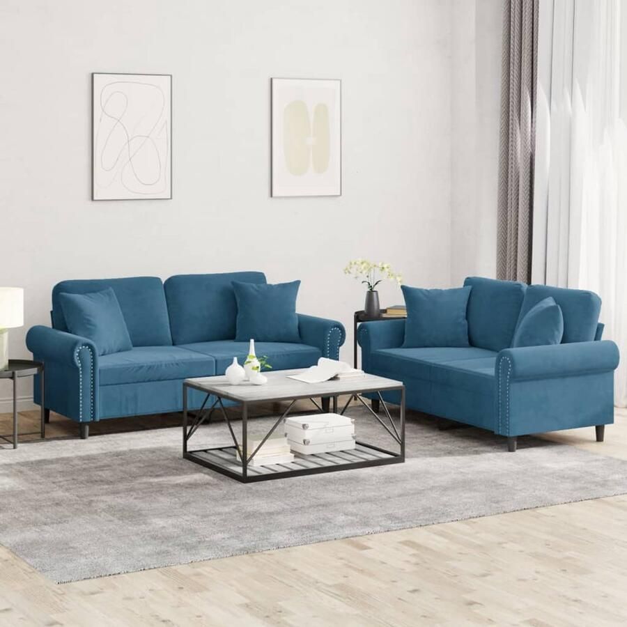 The Living Store 2-delige Loungeset met kussens fluweel blauw Loungeset Bankstel Fluweel Sofa Blauwe Bank 2 Persoons Bank
