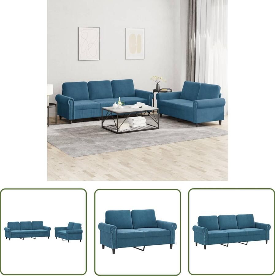 The Living Store 2-delige Loungeset met kussens fluweel blauw Loungeset Bankstel Fluweel Sofa Blauwe Bank 2 Persoons Bank