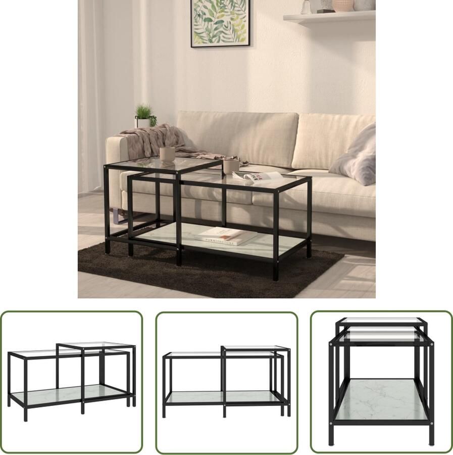 The Living Store Salontafel Set IndustriÃle stijl Gehard glas en gepoedercoat staal Wit 90x45x45 cm 50x50x50 cm Salontafel Industrieel Witte Salontafel Bijzettafel Teakhouten Meubilair - Foto 2