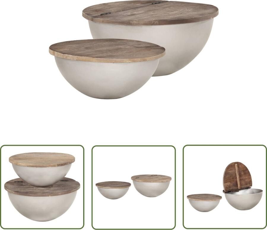 The Living Store Salontafelset Komvorm Massief mangohout en staal 2x salontafel Salontafeltje Mango Wood Metal Vintage