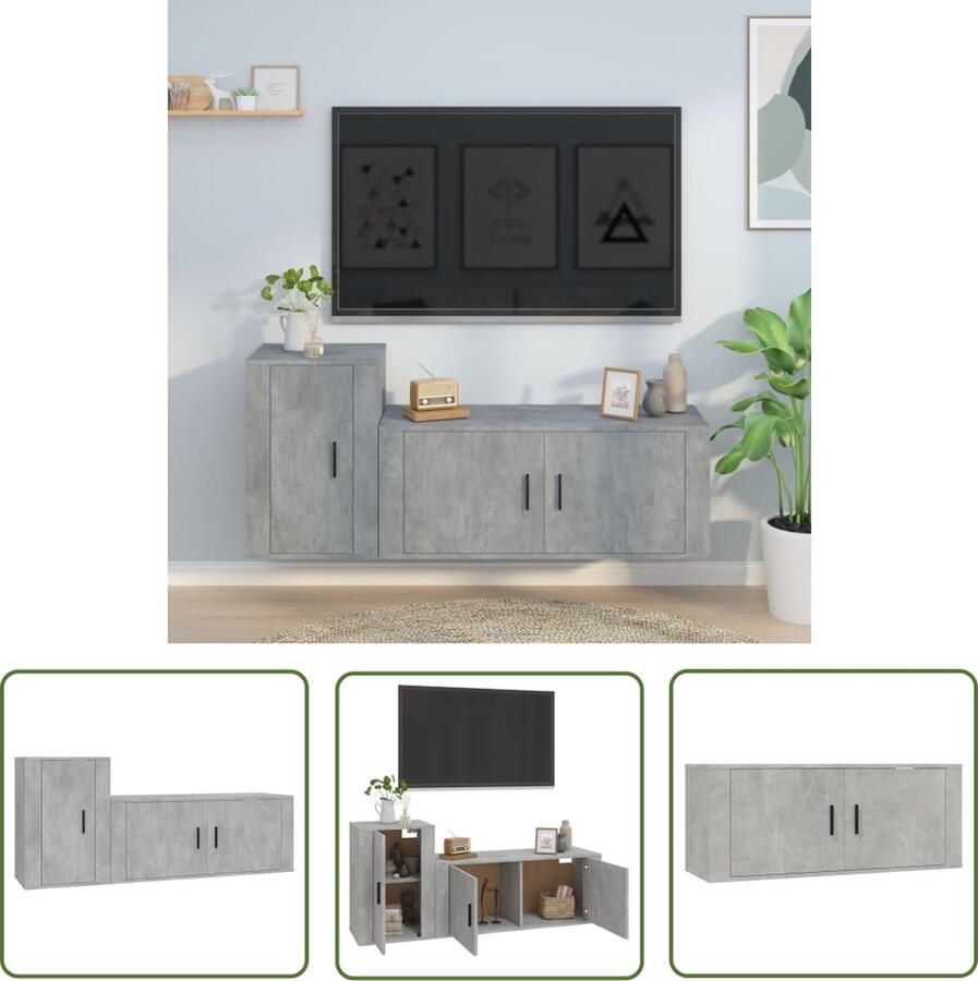 The Living Store 2-delige Tv-meubelset bewerkt hout betongrijs TV Meubel Tv Kast Beton Grijs Houten Tv Kast Wandmontage - Foto 2