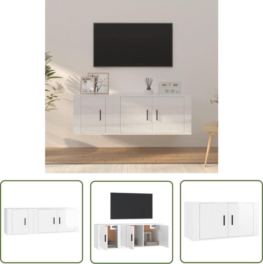 The Living Store Klassieke Televisiekastenset Tv-meubel- 80 x 34.5 x 40 cm Tv-meubel- 40 x 34.5 x 40 cm Hoogglans wit Klassieke Tv Kast Tv Meubilair Houten Tv Kast Wit Tv Meubel Mediabox - Foto 2