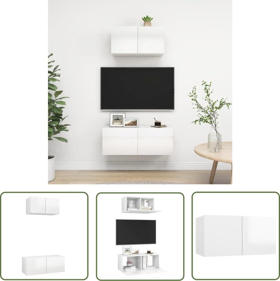 The Living Store Tv-meubelset Hoogglans wit Spaanplaat Montage vereist 60x30x30 cm 80x30x30 cm Tv Meubels Houten Tv Kasten Witte Tv Kasten Wandmontage Tv Kasten Livingroom Decor - Foto 2