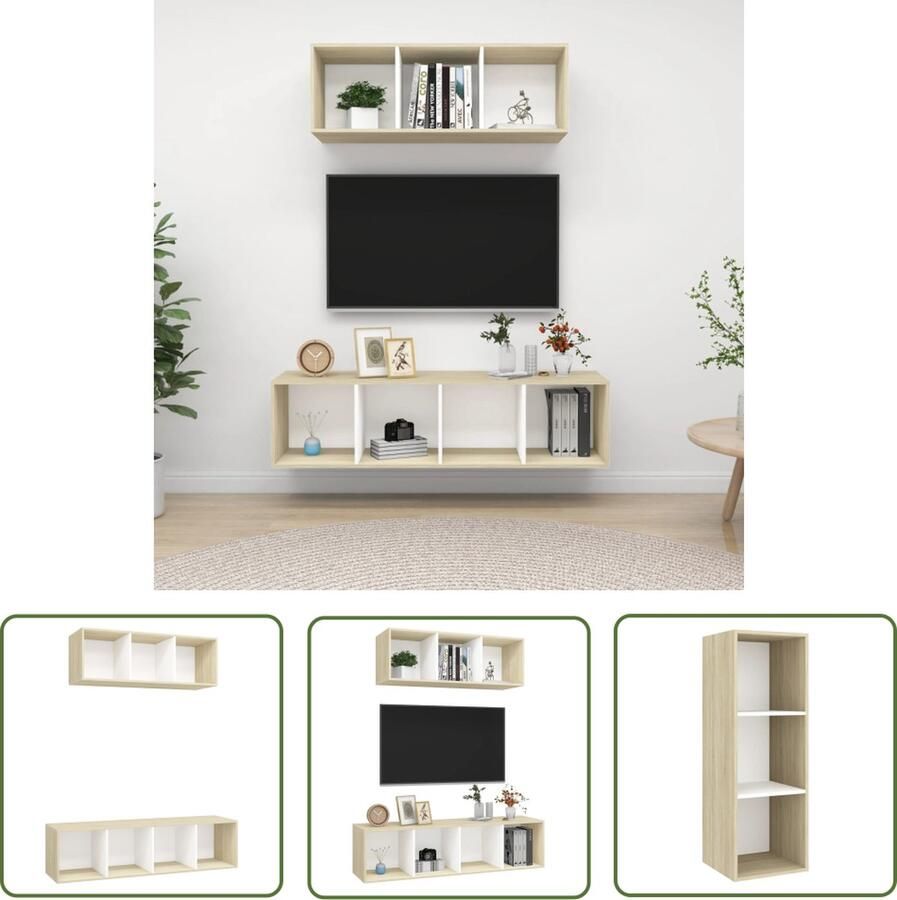 The Living Store Televisiewandmeubelset N v t TV-meubels 37 x 37 x 107 cm 37 x 37 x 142.5 cm Kleur- wit en sonoma eiken Materiaal- spaanplaat Montage vereist Tv-meubel Wandmontage Salontafel Houten Tv-meubel Witte Tv-kast - Foto 2