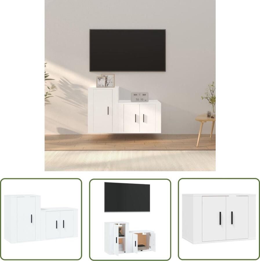 The Living Store TV-meubel Set Klassiek design Stevig bewerkt hout Wandgemonteerd Voldoende opbergruimte Deuren voor stofvrij opbergen Handleiding meegeleverd Kleur- wit Maten- 57 x 34.5 x 40 cm 40 x 34.5 x 60 cm - Foto 2