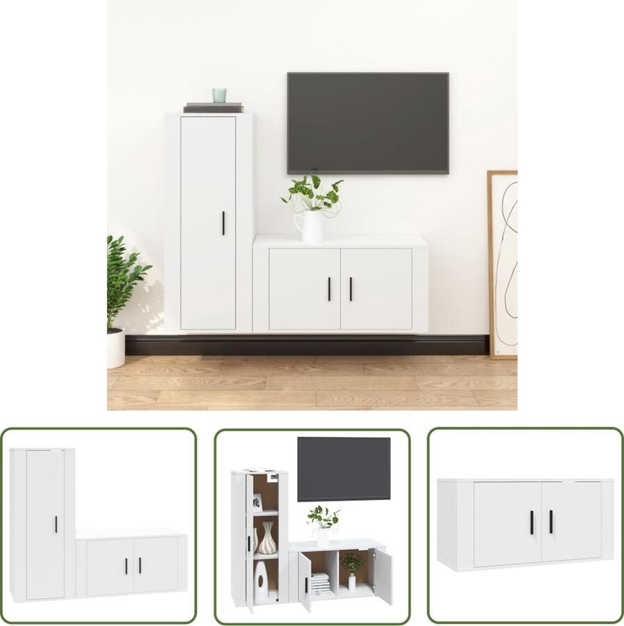 The Living Store 2-delige Tv-meubelset bewerkt hout wit Tv-meubel Houten Tv-meubel Wit Tv-meubel Mediastand Salontafel - Foto 2