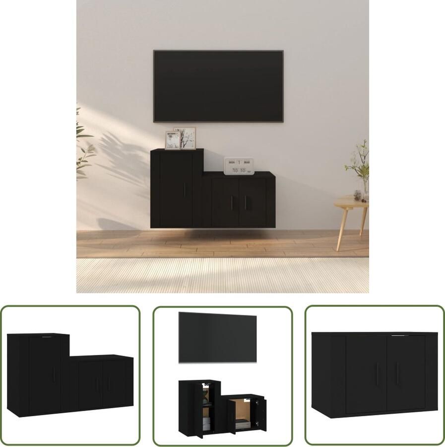 The Living Store Televisiekastenset Klassiek design Hoge kwaliteit Voldoende opbergruimte Wandgemonteerd Stofvrije deuren Zwart Hout 57x34.5x40 cm 40x34.5x60 cm - Foto 2