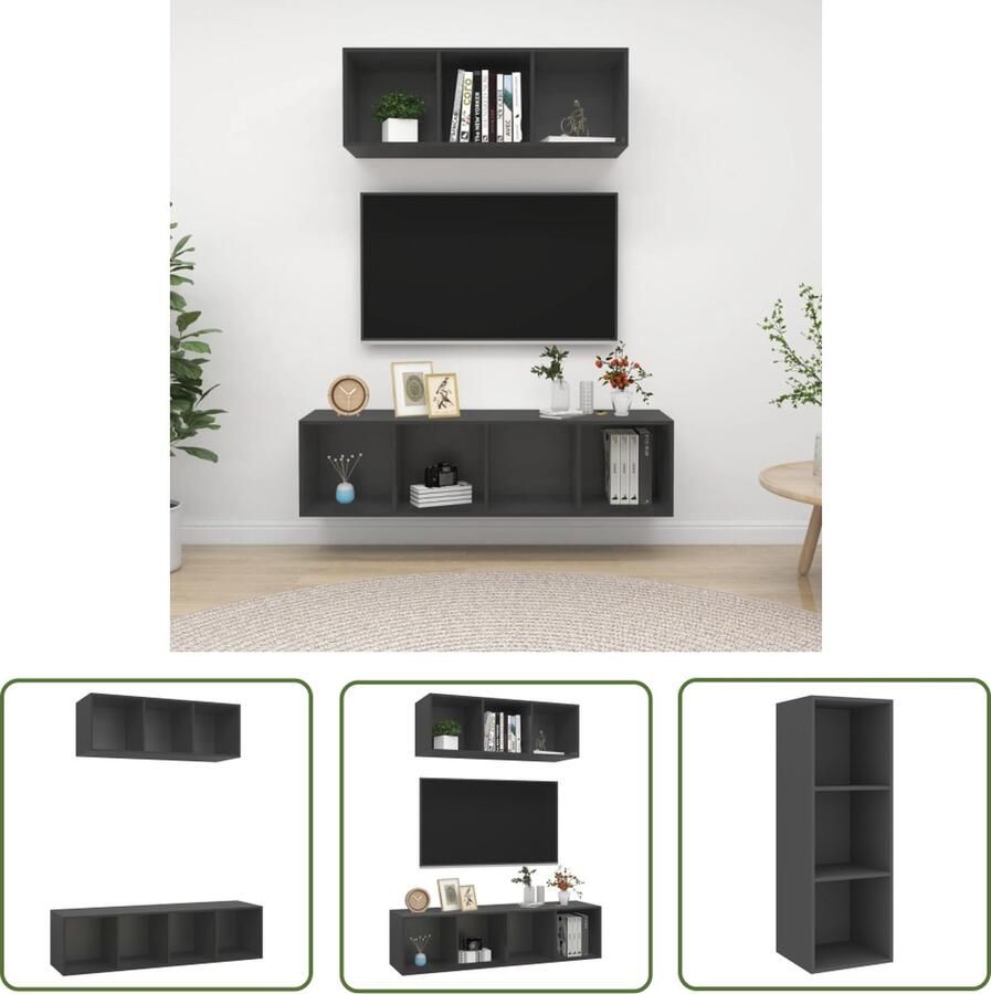 The Living Store Tv-meubelset Spaanplaat 37 x 37 x 107 cm 37 x 37 x 142.5 cm Grijs Tv-meubel Tv-kast Salontafel Livingroom Decor Houten Tv-stand - Foto 2