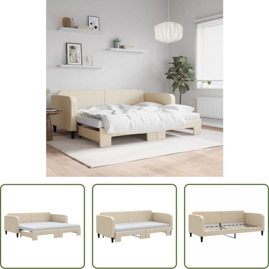 The Living Store Slaapbank met onderschuifbed en matrassen 90x200 cm stof crème Slaapbank Sofa Bed Tweepersoons Bed Crème Kleurtje Stoffen Bank