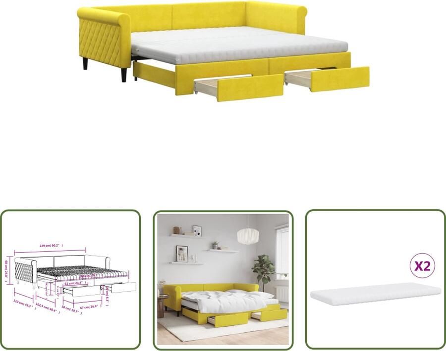 The Living Store 2-in-1 Slaapbank Geel Fluweel 229x110x68 cm Met Onderschuifbed