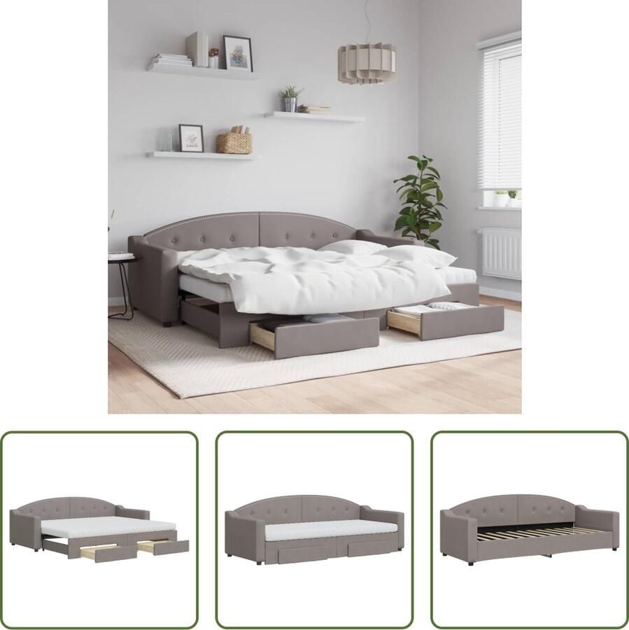 The Living Store Slaapbank met onderschuifbed en lades 80x200 cm stof taupe Slaapbank Sofa Bed Tweepersoonsbed Taupeclubfauteuil Lounge Stoffen Meubels