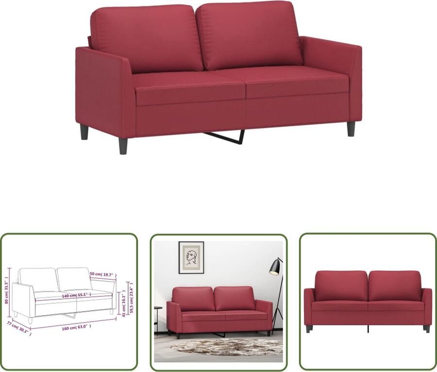 The Living Store 2-zitsbank Kunstleer Wijnrood 160 x 77 x 80 cm Stevig frame Comfortabele zitting Modern design Tweezitsbank Kunstleder Sofa Rode Bank Salontafel Lounge Furniture - Foto 2