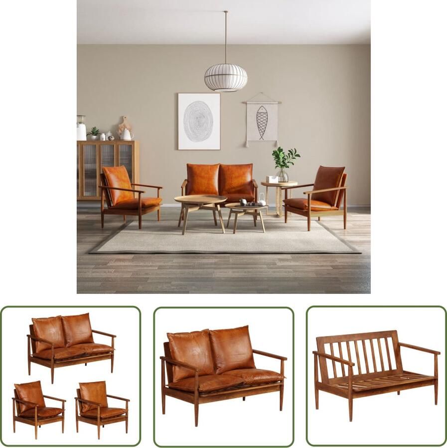 The Living Store 3-delig Bankstel echt leer met massief acaciahout bruin Bankstel Lederen Bank Acacia Houten Meubels Vintage Bank Design Bank
