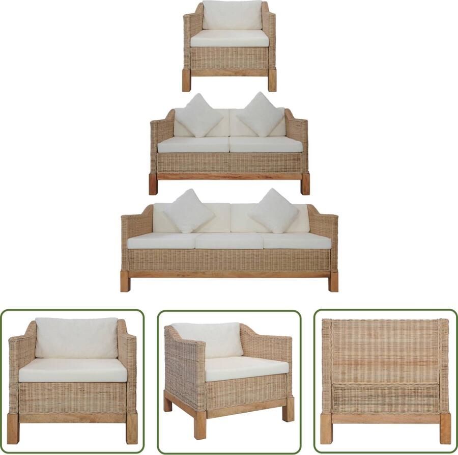 The Living Store Rattan Bankstelset Natuurlijk Rattan Houten frame Comfortabele kussens Rattan Bank Bankstel Bruin Lounge Meubilair Buitenbank Tuinbank - Foto 2