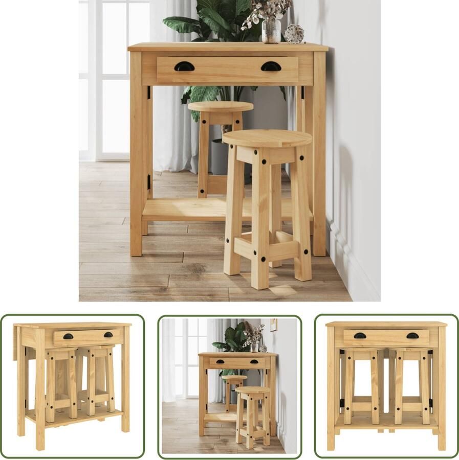 The Living Store Houten Bartafelset 80 x 36-72 x 84 cm Massief Grenenhout met honingwas afwerking Bartafel Houten Bartafel Barstoel Barkruk Eettafel