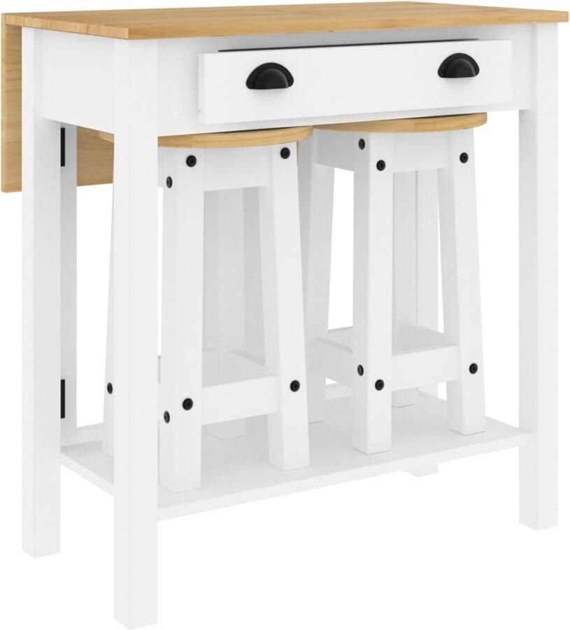 The Living Store Houten Bartafelset 80 x 36-72 x 84 cm Massief grenenhout Inklapbaar Wit Bartafel Barstoel Houten Meubilair Granenhouten Tafel Witte Bartafel
