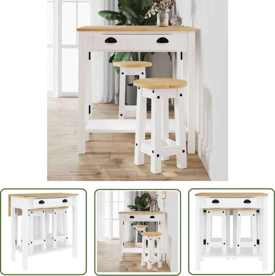 The Living Store Houten Bartafelset 80 x 36-72 x 84 cm Massief grenenhout Inklapbaar Wit Bartafel Barstoel Houten Meubilair Granenhouten Tafel Witte Bartafel - Foto 2