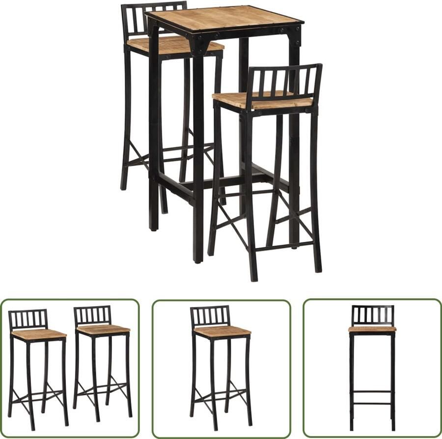 The Living Store 3-delige Barset massief ruw mangohout en metaal Bartafel Barstoelen Mangohout Robuust Industriële Stijl