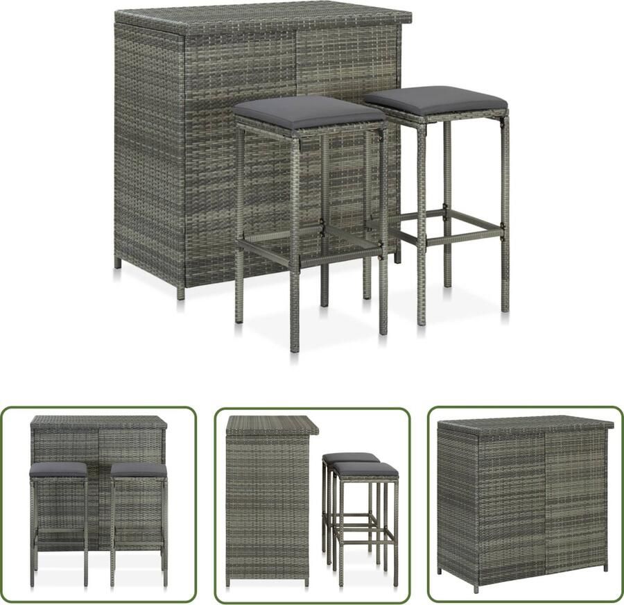 The Living Store Barset Grijs PE-rattan en staal 102 x 60 x 105 cm Incl 2 barkrukken en kussens Barset Bistroset Buitentijd Lounge Set Tuinset