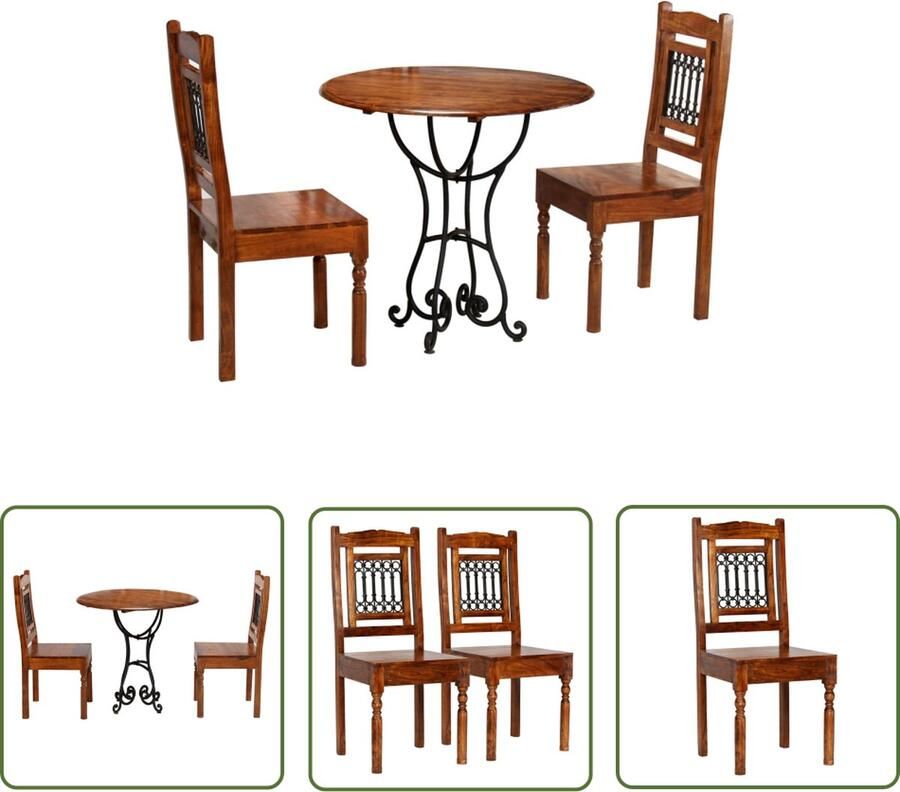 The Living Store Eettafelset Acaciahout Sheeshamafwerking 80x76 cm Handgemaakt Unieke houtnerven Stalen poten 2 stoelen Eetkamerset Acacia Houten Meubels Handgemaakte Meubels Vintage Dining Set Salontafel