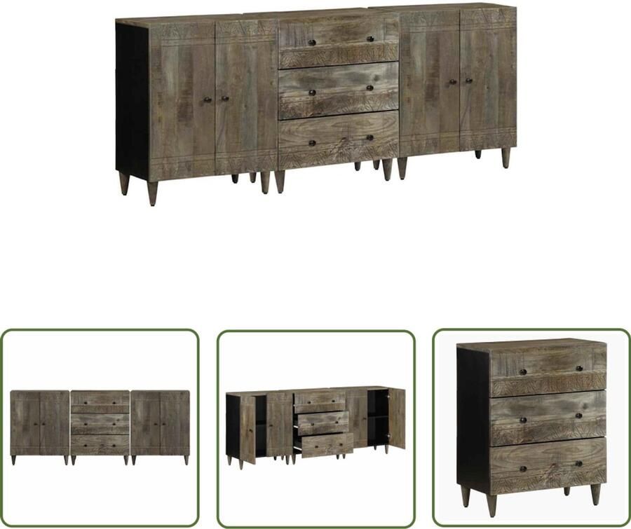 The Living Store 3-delige Dressoirs 60x33 5x75 cm massief mango lichtgrijs Dressoir Mango Houten Dressoir Vintage Dressoir Opberg Dresser Salontafel