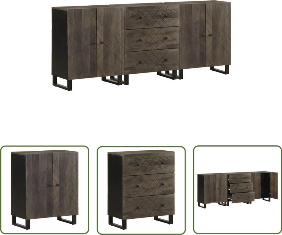 The Living Store 3-delige Dressoirs 60x33x75 cm massief mangohout zwart Dressoir Mango Hout Vintage Industriële Stijl Opbergruimte