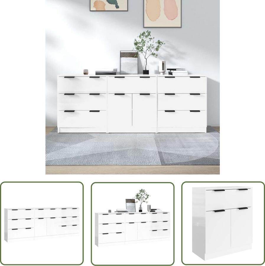 The Living Store 3-delige Dressoirs bewerkt hout hoogglans wit Dressoir Commode Opbergmeubel Houten Meubel Modern Meubel