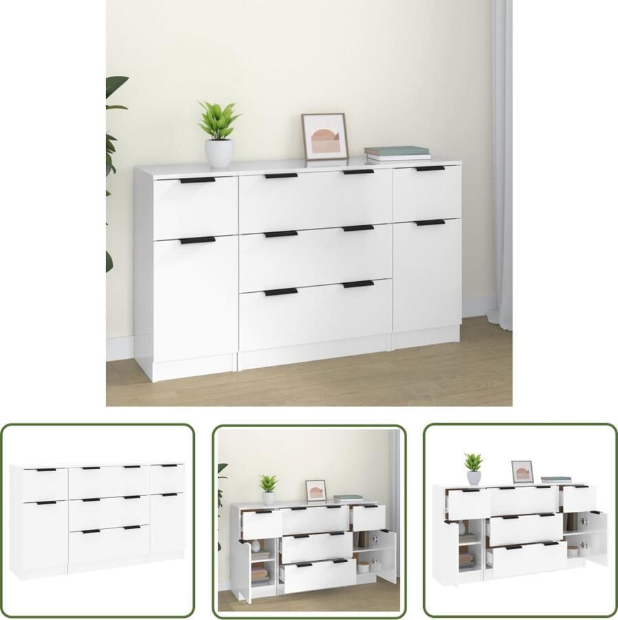 The Living Store 3-delige Dressoirset bewerkt hout hoogglans wit Dessoir Dressoir Set Houten Dressoir Moderne Kast Minimalistisch Design