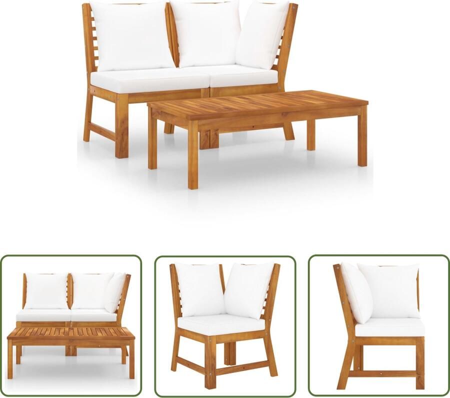 The Living Store 3-delige Loungeset met crèmekleurige kussens massief acaciahout Tuinmeublesets Lounge Set Tuinset Acacia Hout Vintage Meubels