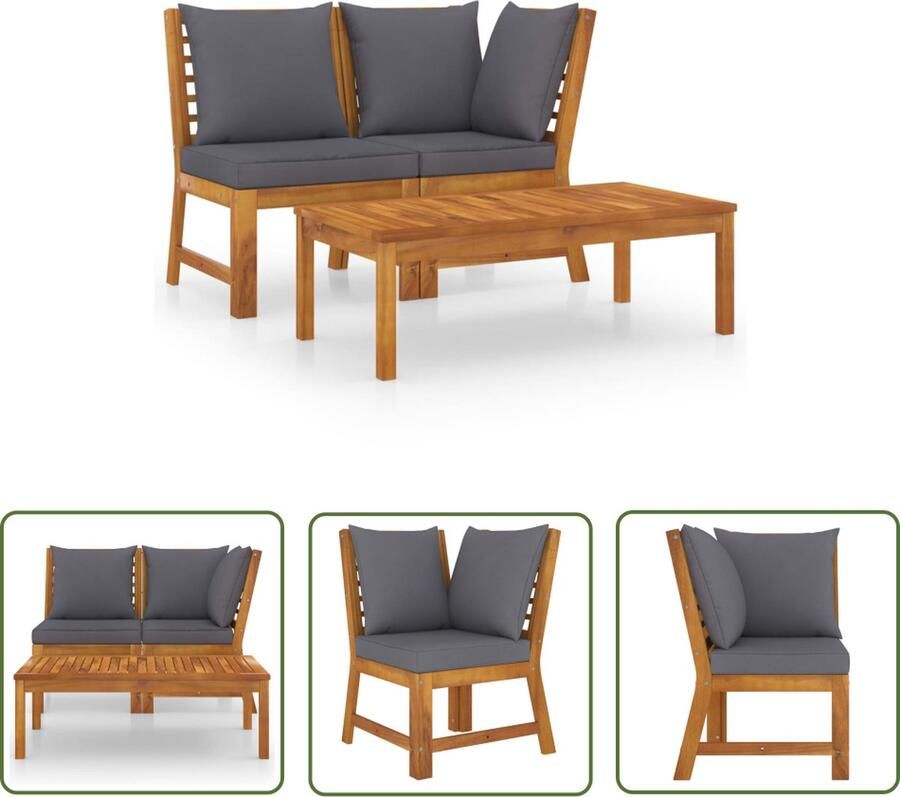 The Living Store 3-delige Loungeset met donkergrijze kussens massief acaciahout Tuinmeublesets Lounge Set Tuinset Acacia Hout Outdoor Meubels