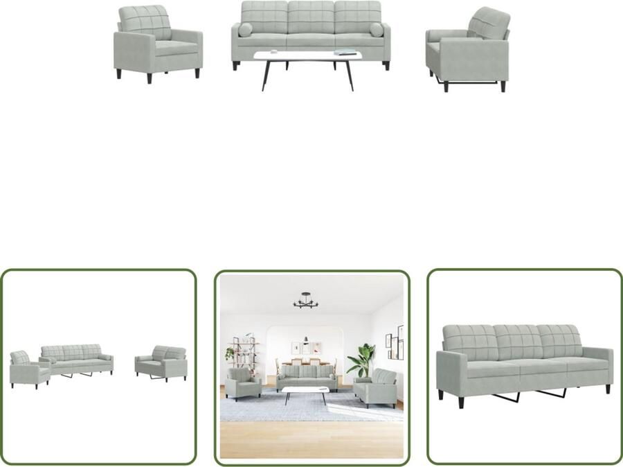 The Living Store 3-delige Loungeset met kussens en bolsters fluweel lichtgrijs Loungeset Velours Bank Comfortabele Bank Design Bank Grijze Bank