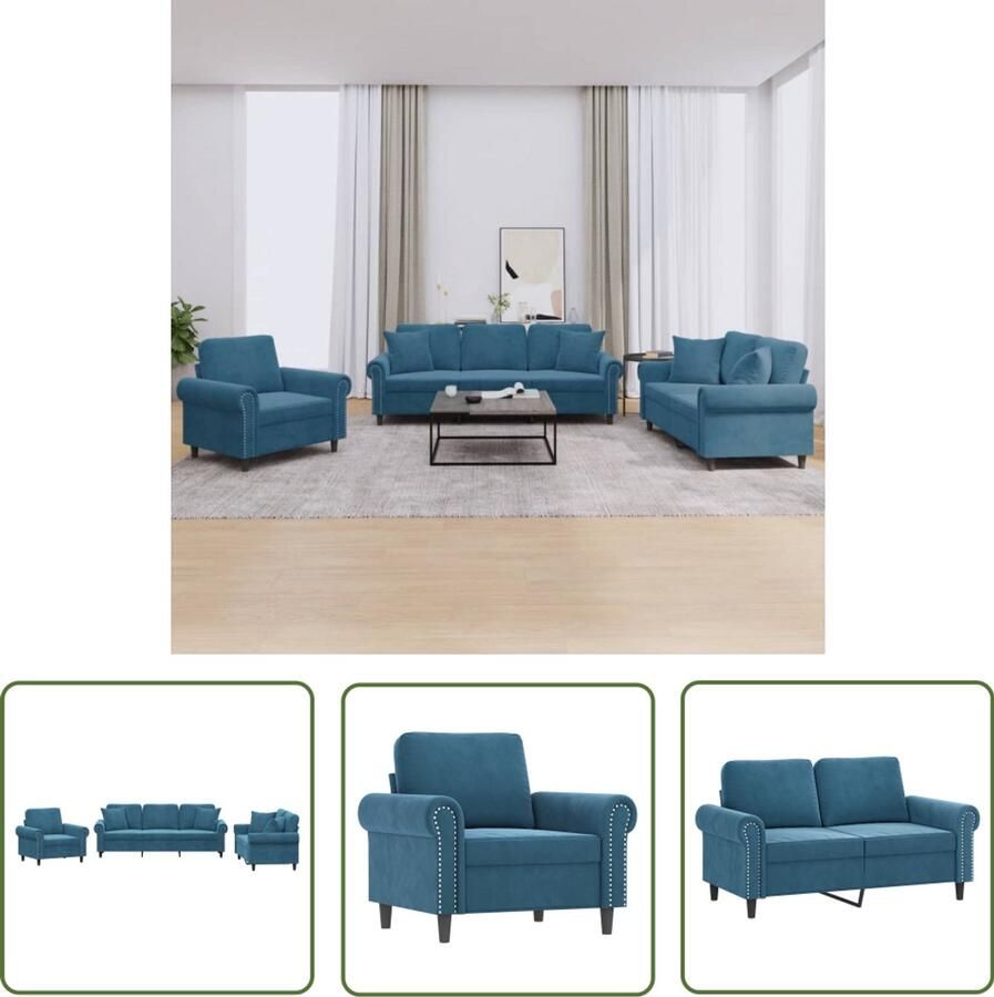 The Living Store 3-delige Loungeset met kussens fluweel blauw Loungebank Bankstel Fluweelbanks Blauwe Bank 2 Persoons Bank
