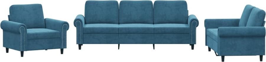 The Living Store 3-delige Loungeset met kussens fluweel blauw Loungebank Bankstel Velvet Bankstel Blauwe Bank 3 Persoons Bank