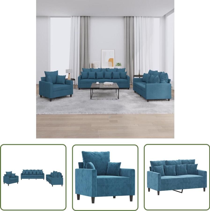 The Living Store 3-delige Loungeset met kussens fluweel blauw Loungeset Fluweel Sofa Blauwe Bank Lounge Set Tuinbank