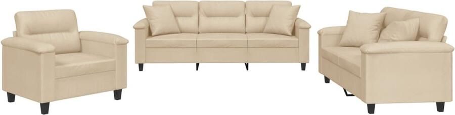The Living Store 3-delige Loungeset met kussens microvezelstof crèmekleurig Loungeset Microfiber Sofa Lounge Set Crème Salon Meubilair Bankstellen - Foto 2