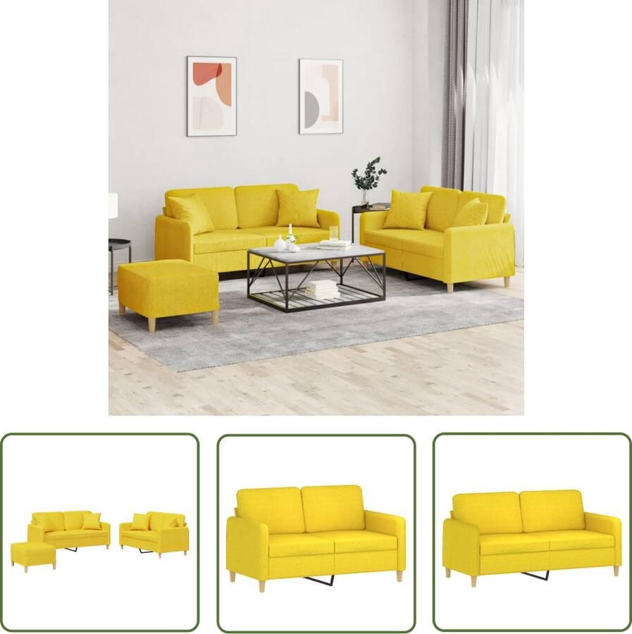 The Living Store 3-delige Loungeset met kussens stof lichtgeel Loungebank Bankstel Tuinset Loungemeubel Geel Meubilair