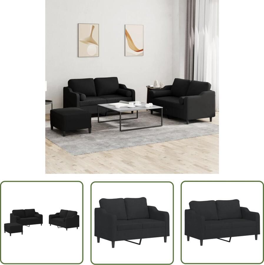 The Living Store 3-delige Loungeset met kussens stof zwart Loungeset Zwarte Lounge Set 2 Persoons Bank Loungebank Tuinset