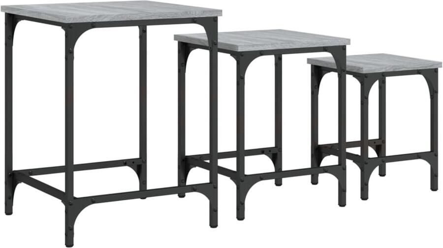 The Living Store 3-delige Tafeltjesset bewerkt hout grijs sonoma Tafels Salontafel Bijzettafels Houten Meubelen Industriële Stijl