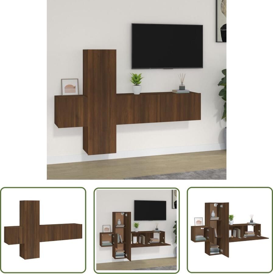 The Living Store 3-delige Tv-meubelset bewerkt hout bruin eikenkleur Tv Kast Houten Tv Kast Bruin Tv Meubel Wandmontage Tv Kast Salontafel