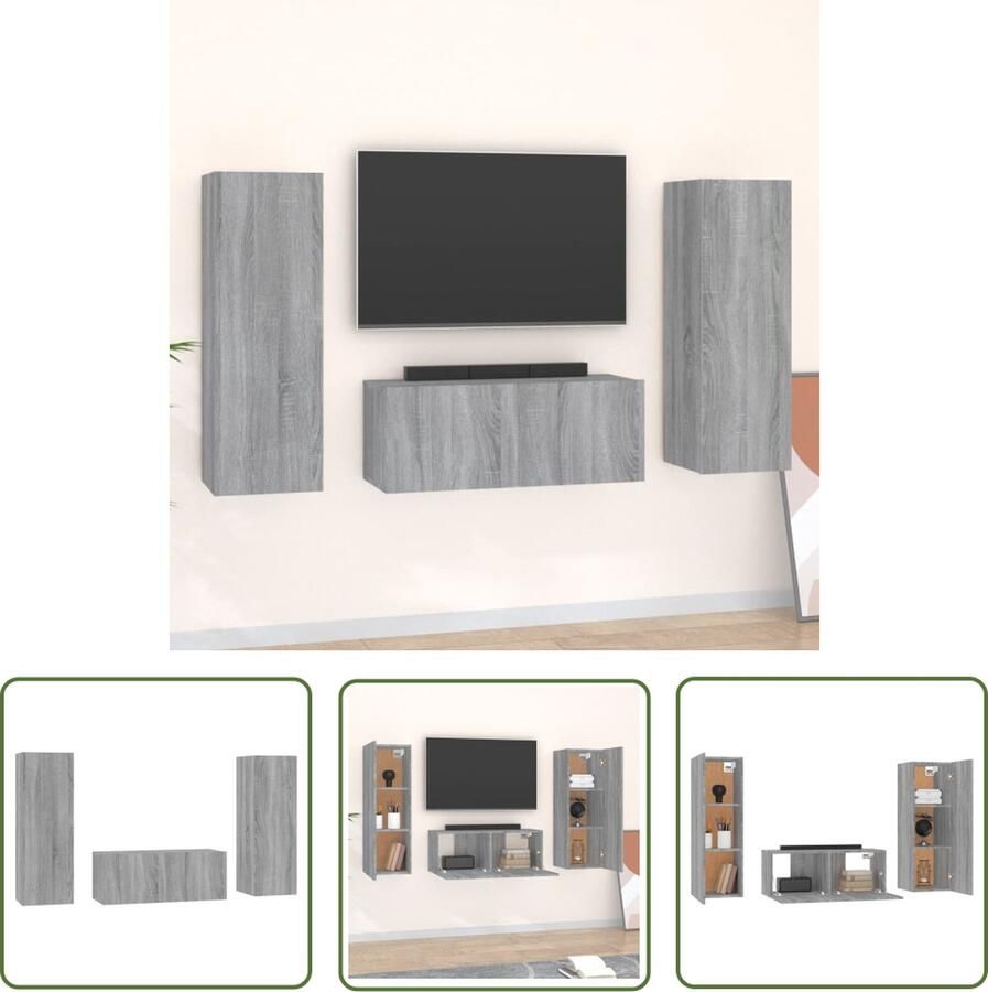 The Living Store Televisiemeubelset Grijs Sonoma Eiken 80 x 30 x 30 cm + 2 x 30.5 x 30 x 90 cm Televisiesectie Tv Kast Salontafel Houten Meubilair Grijze Meubels