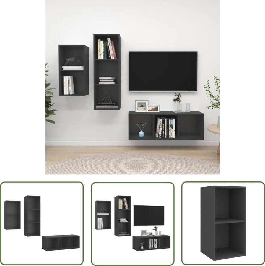 The Living Store TV-meubelset grijs 37 x 37 x 72 cm spaanplaat Tv Meubels Houten Tv Kasten Wandmontage Tv Kast Tv Salontafel Media Kast - Foto 2