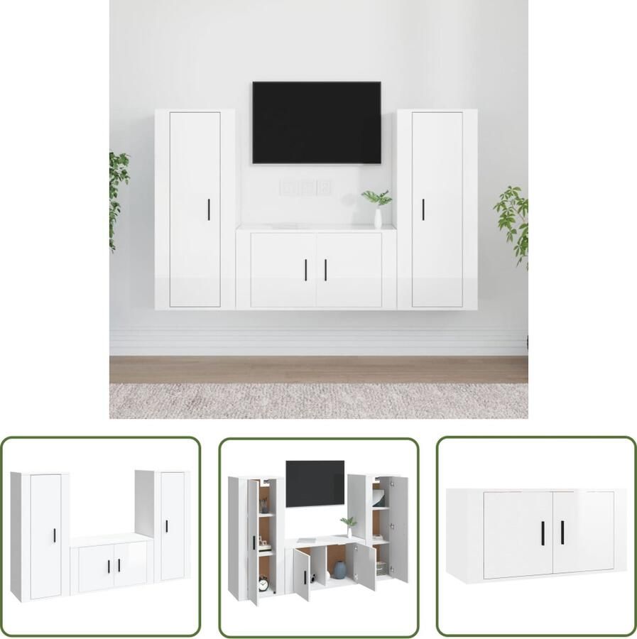The Living Store Televisiekastenset Hoogglans Wit 2x 40x34.5x100 cm 1x 80x34.5x40 cm Televisiesecretaris Tv-meubel Salontafel Houten Tv-stand Wit Tv-meubel - Foto 2