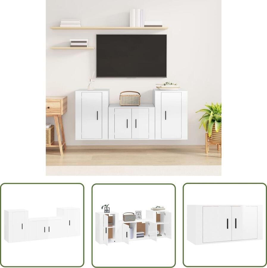 The Living Store TV-meubelset klassiek design hoogglans wit 1x 80x34.5x40 cm + 2x 40x34.5x60 cm bewerkt hout Voldoende opbergruimte TV-meubel Tv Kast Salontafel Houten Tv-meubel Houtske Tv-meubel - Foto 2