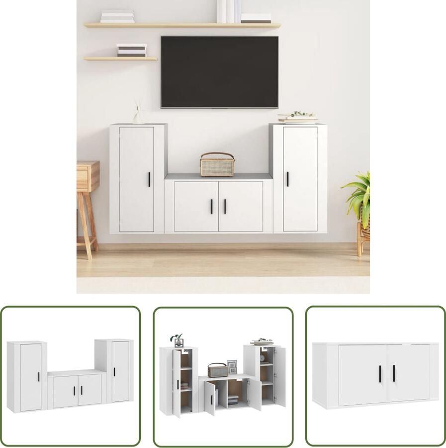 The Living Store 3-delige Tv-meubelset bewerkt hout wit Klassieke Tv Kast Tv Meubel Houten Tv Kast Wit Tv Meubel Tv Stand - Foto 2
