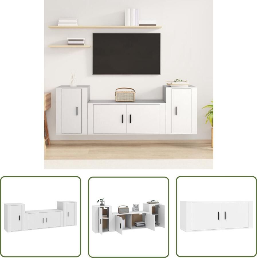 The Living Store 3-delige Tv-meubelset bewerkt hout wit Televisiesecretaris Tv Kast Salontafel Houten Tv-meubel Witte Tv-kast - Foto 2